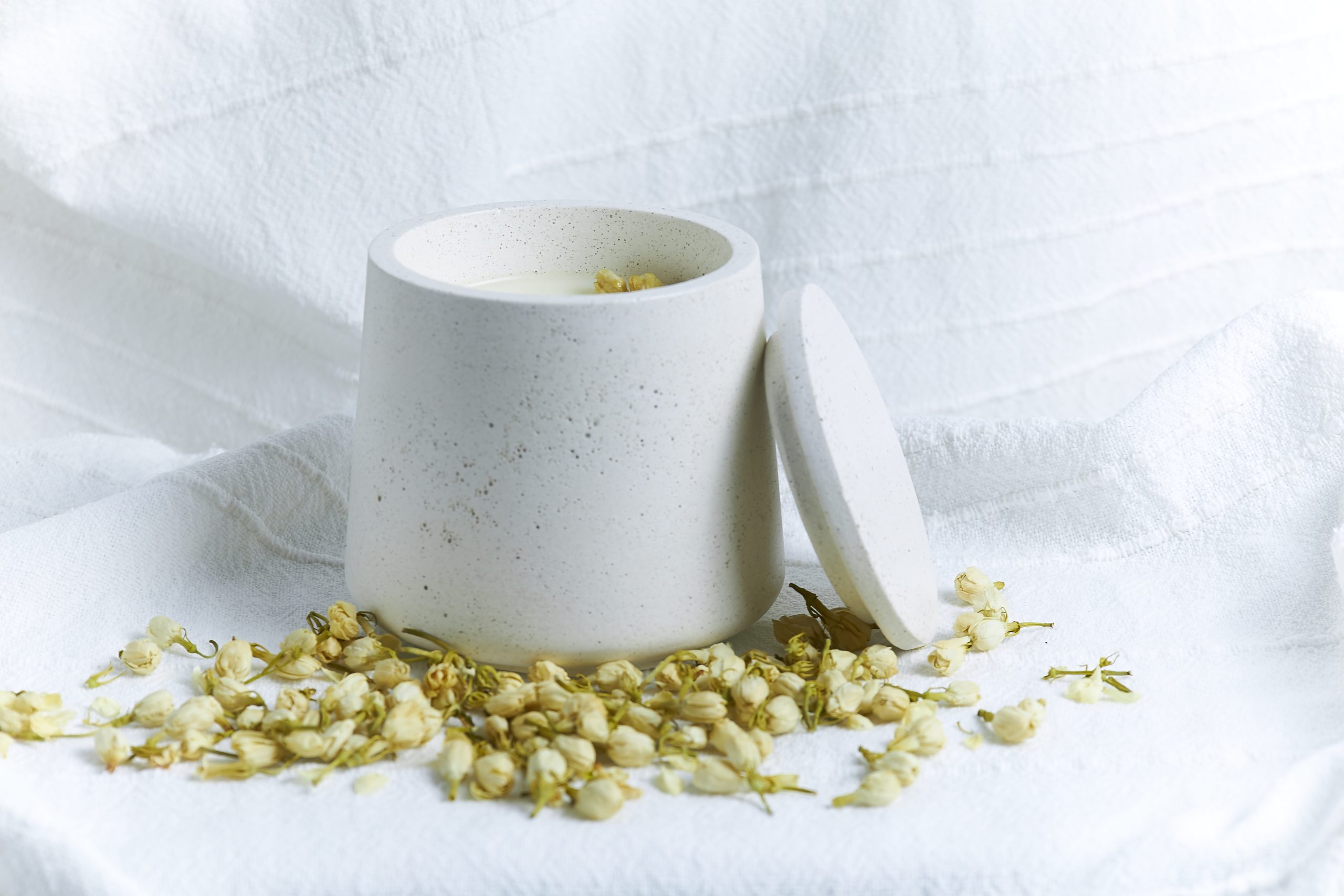 Vela de soja aromática Jazmín 3 vela artesanal de jazmín en envase de cemento con brotes naturales